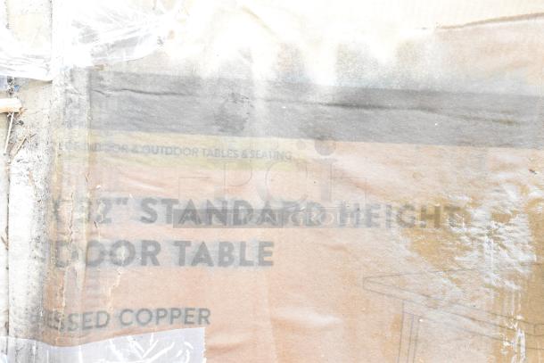 Packaging with "42-inch standard height indoor table" text partially visible, labeled "embossed copper."