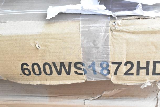 Cardboard box with visible label "600WS1872HD", part of a lot of 11 scratch and dent items including speed rail, dump sink, shelf.