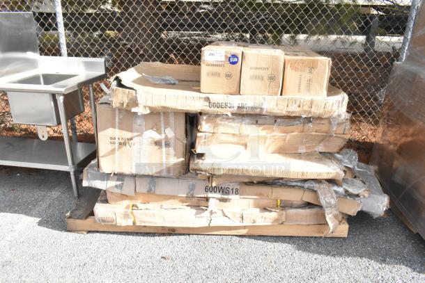 11 brand new kitchen items including speed rail, dump sink, and shelf. Some have scratch and dent. Packaging shows labels like "BARSINK 600ES18".