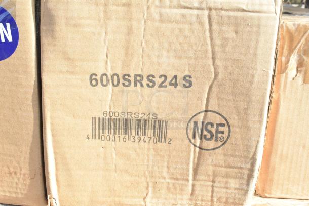Cardboard box marked "600SRS24S" with NSF certification, containing new scratch and dent items including speed rail and dump sink.