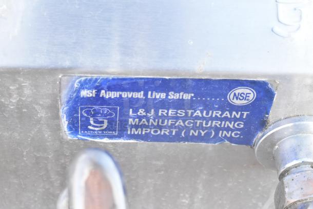 Stainless steel sink with NSF approval label, marked "L&J Restaurant Manufacturing Import (NY) Inc."