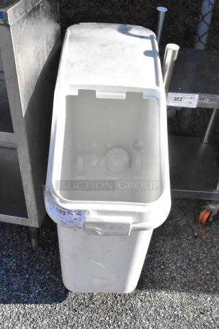 White poly ingredient bin on casters, open top, visible wear, tag marked "303 1/2" on side.