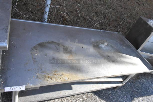 Stainless steel equipment stand with under shelf, shows signs of use. Auction tag indicates lot 305, quantity 1.