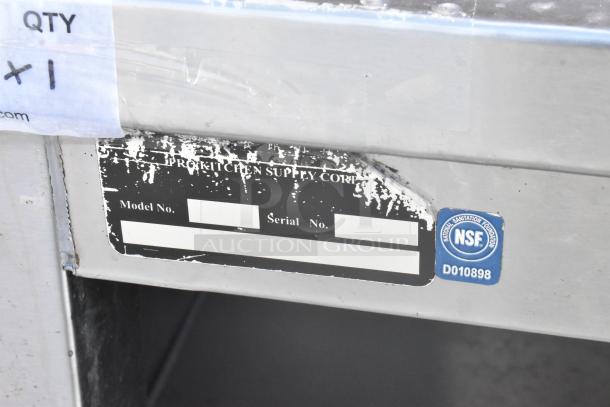 Stainless steel table with metal under shelves and doors, NSF certified, model and serial numbers blank. ProKitchen Supply Corp label.