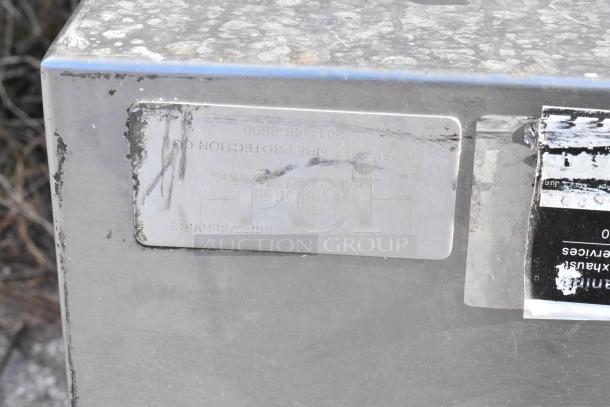 14.5' stainless steel return air grease hood, visible labels, includes filters and lights, some surface wear.