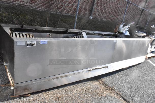 14.5' stainless steel return air grease hood with filters and lights. Includes visible tags indicating size and model. Used condition.