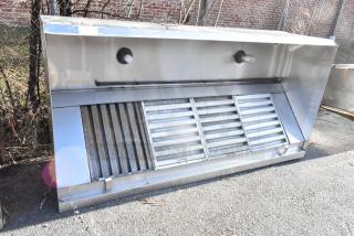 8' stainless steel grease hood with filters and lights, used condition, slight rust on filters, outdoor location.