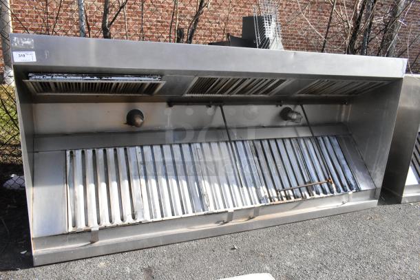 9.5' stainless steel return air grease hood with filters and lights, used condition, visible number tag "319".