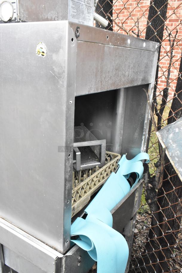 Hobart C44A stainless steel conveyor dishwasher, 480V, 3-phase, showing control panel and interior rack, used condition.