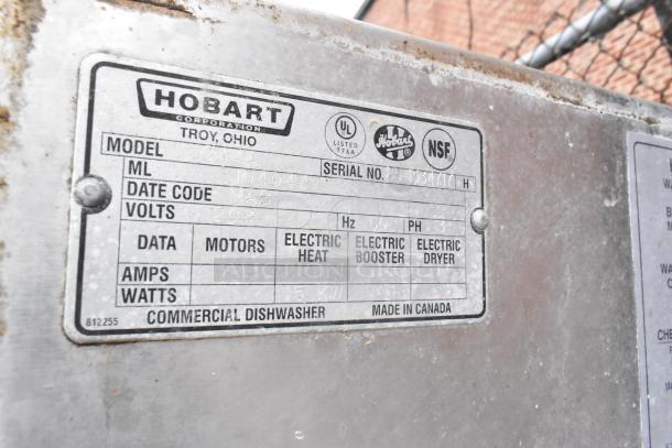 Hobart C44A commercial dishwasher label showing model, volt usage, and certification marks.