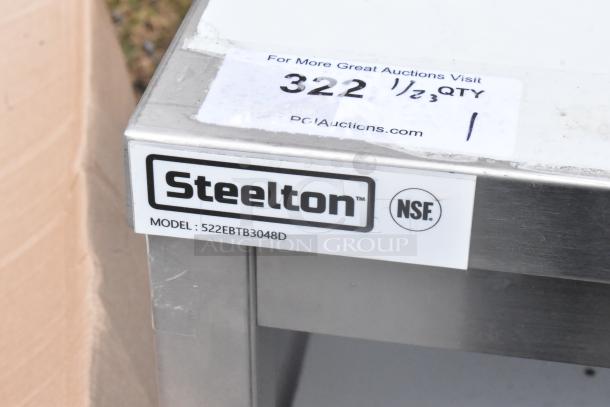 Steelton 522EBT3048D 30"x48" stainless steel work table with undershelf, NSF certified, model label visible, new condition.