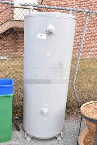2024 AO Smith BTL-199 200 metal natural gas storage water heater, gray, new condition, visible outlet marking.