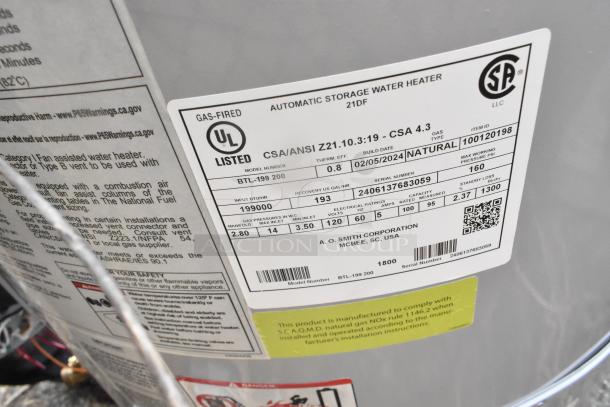 2024 AO Smith BTL-199 200 Metal Natural Gas Water Heater, UL listed, 199,000 BTU, CSA certified, model label shown.