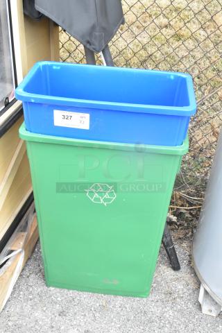 Two Poly Slim Jim trash cans, one blue and one green, showing good condition with capacity labels. Auction quantity 2x.