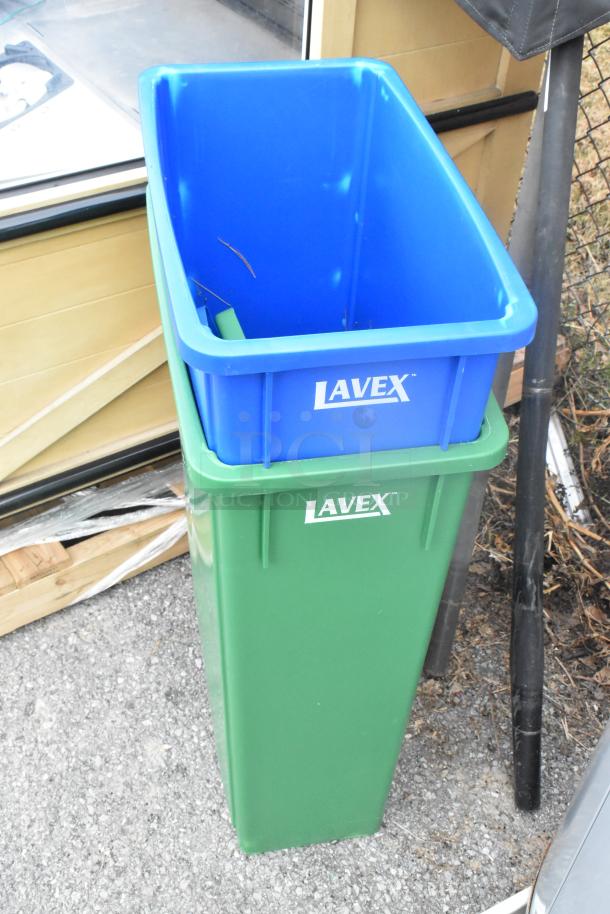 Two Lavex Poly Slim Jim trash cans, blue and green, in excellent condition. Ideal for efficient waste management.