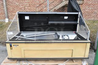 Hussmann Q3-SS-6S metal open grab-n-go merchandiser, 208/240V, 1 phase, used, beige exterior, transparent panels, signage holder visible.