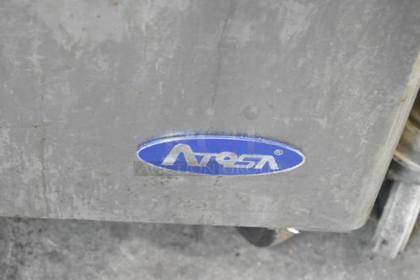 2022 Atosa MSF3610GR stainless steel prep table, commercial casters, 115 volts, 1 phase; Atosa logo visible.