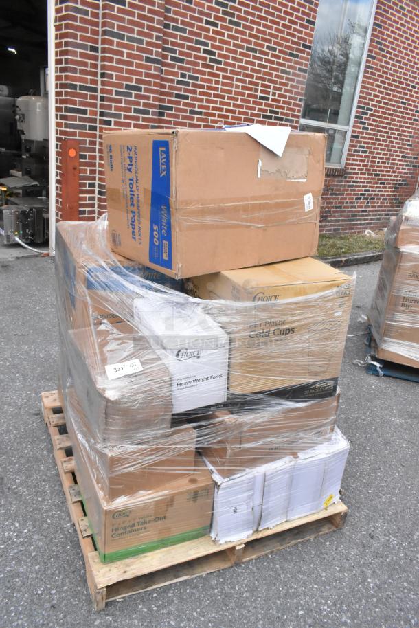 Pallet of 15 brand new scratch and dent items including cold cups, paper plates, and forks, wrapped in plastic.