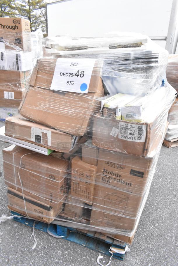 Pallet of 32 brand new scratch and dent items: shelf bin, bus tubs, ingredient bin. Includes labels, boxed and shrink-wrapped.