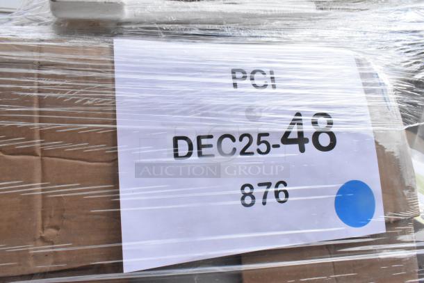 Pallet with plastic-wrapped items, label marked "PCI DEC25-48 876," includes 32 scratch and dent bins and tubs.