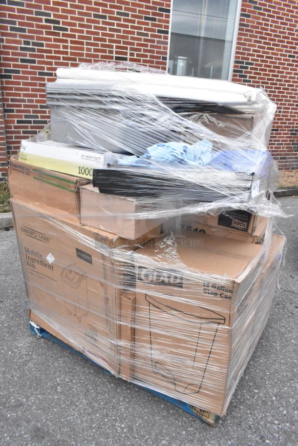 Palette of 32 new scratch and dent items wrapped in plastic, including a shelf bin, bus tubs, ingredient bin; visible labels.
