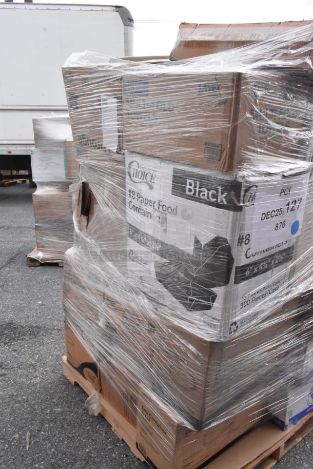 Pallet of 30 brand new scratch and dent items including cold cups, cake circles, and popcorn buckets, plastic-wrapped.