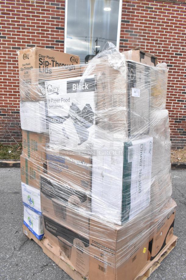 Palette of 30 brand new scratch and dent items, including cold cups, cake circles, and popcorn buckets. Sealed in packaging.