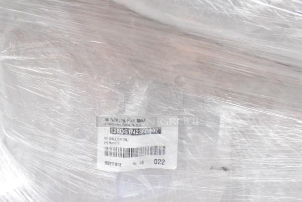 Pallet of 1-gallon translucent HDPE milk jugs with handles, brand new with scratch and dent. Plastic wrap with label.