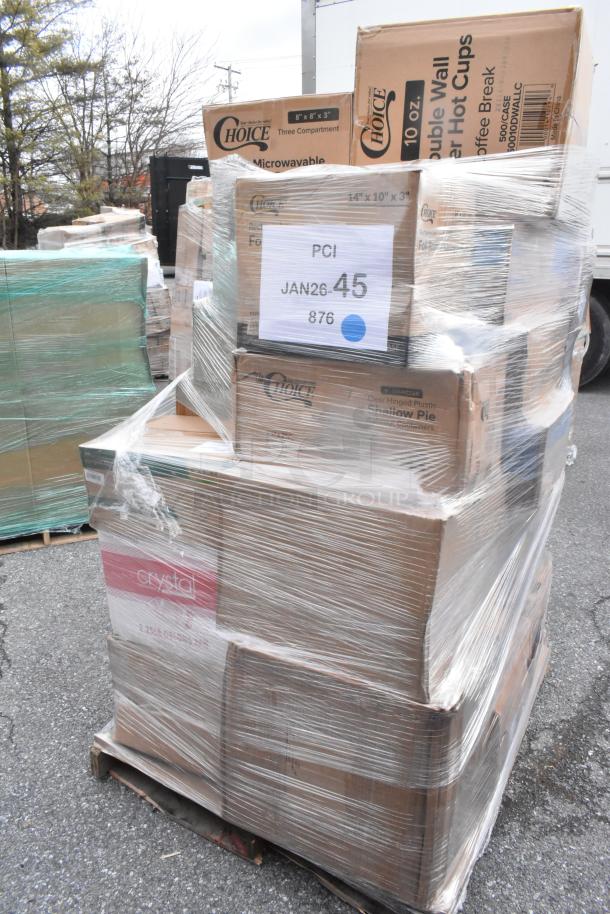 Shrink-wrapped pallet with boxes labeled Choice, containing pie containers, hot cups, and paper products. Scratch and dent lot.