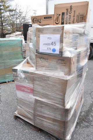 Shrink-wrapped pallet with boxes labeled Choice, containing pie containers, hot cups, and paper products. Scratch and dent lot.
