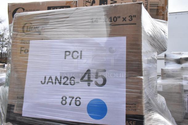 Plastic-wrapped pallet of 34 new scratch and dent items including pie containers, can liners, and paper towels, labeled "PCI JAN26-45 876."