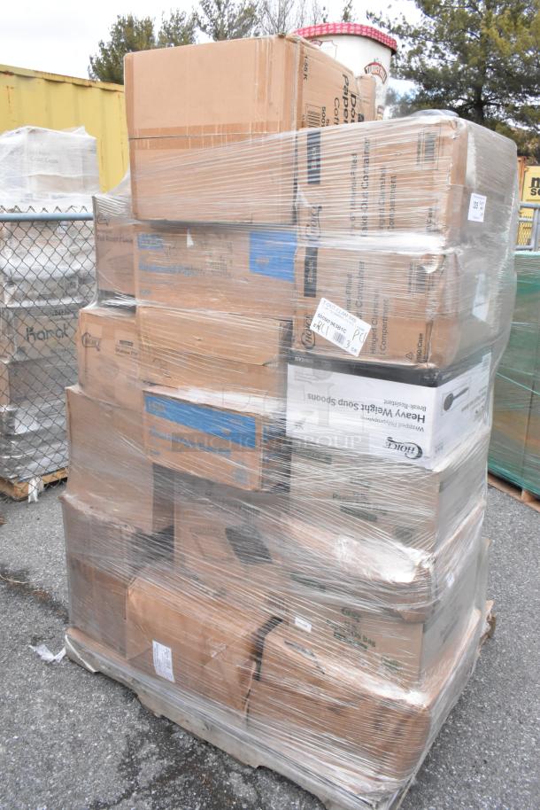 Pallet with 34 new scratch and dent items including pie containers, can liners, barrels, paper towels, wrapped in plastic.