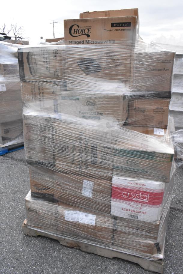 Stack of brand new, scratch and dent boxes on pallet wrapped in plastic, including Choice pie containers and paper goods.