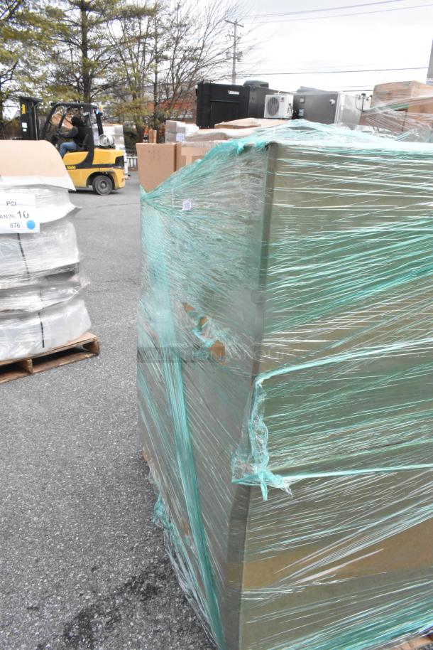 Pallet of wrapped chairs, possibly including 8 Martha Stewart Taytum swivel office chairs, saddle brown faux leather, oil-rubbed bronze finish.