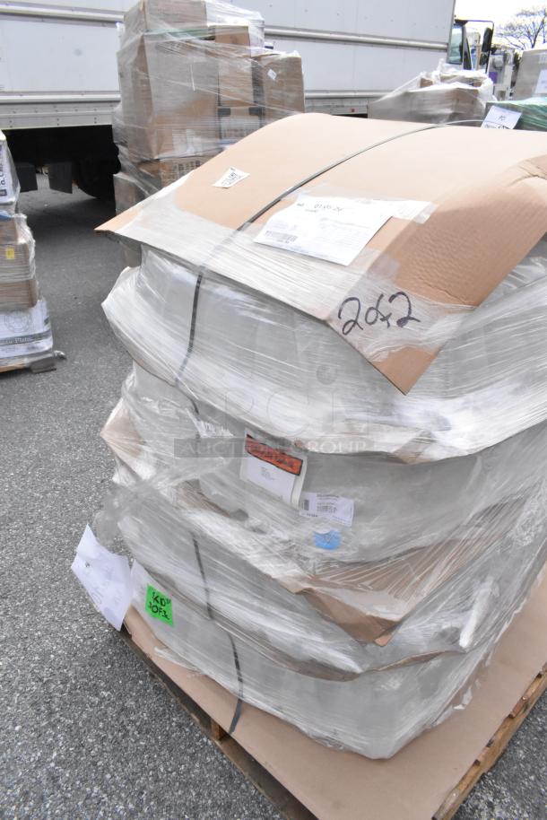 Pallet of 1-gallon translucent HDPE milk jugs with handles, wrapped for shipping. Some scratches and dents visible. Brand new.