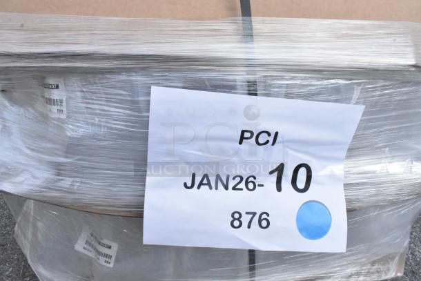 Pallet of brand new translucent HDPE milk jugs, 1 gallon (128 oz.) each, plastic-wrapped, label "PCI JAN26-10 876" visible.