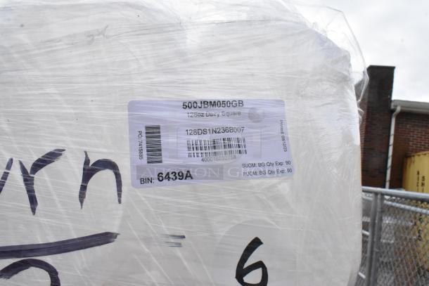 Pallet of 1-gallon translucent HDPE milk jugs with handles, brand new scratch and dent, labeled 500JBM050GB, BIN: 6439A.