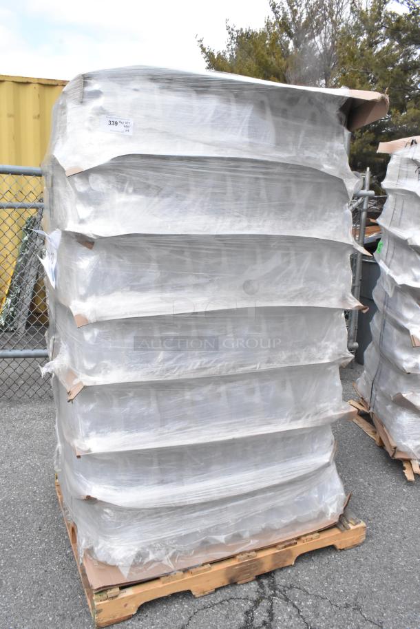 Pallet of brand new 1-gallon translucent HDPE milk jugs with handles, wrapped in plastic. Scratch and dent condition.