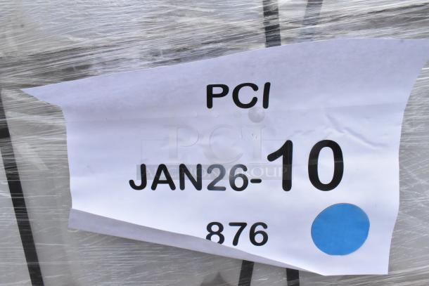 Pallet of translucent HDPE milk jugs with handles, 1-gallon size. Scratch and dent. Tag reads "PCI JAN26-10 876."
