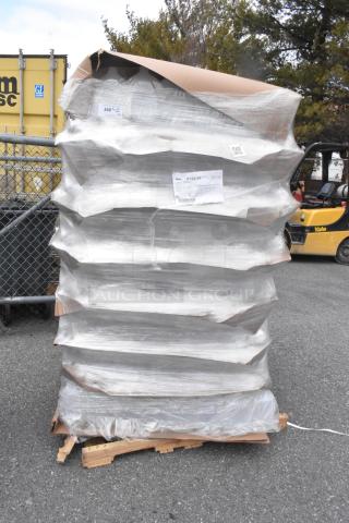 Pallet of 1 Gallon HDPE Milk Jugs, 128 oz, translucent, with handles. Brand new, scratch and dent. Wrapped with labels visible.