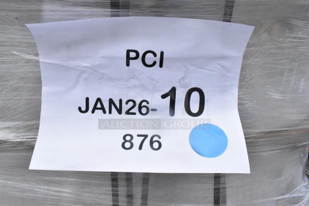 Pallet labeled "PCI JAN26-10 876" containing brand new translucent HDPE milk jugs with handles.