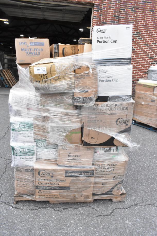 Pallet of 42 mixed brand-new items including Noble gloves, Choice food containers, and paper towels, wrapped in plastic.