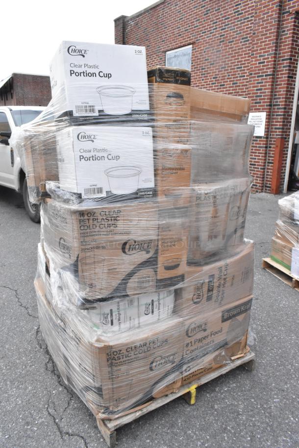 Pallet with 42 new scratch and dent boxes, including Choice brand portion cups, cold cups, and paper food containers.