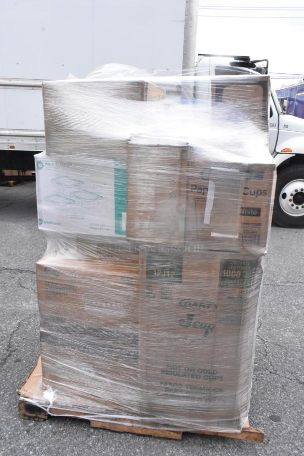 Pallet of 25 new scratch and dent items; includes boxes of gloves, containers, and foam cups, visibly shrink-wrapped.