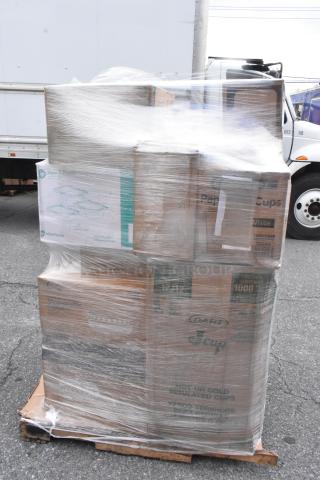 Pallet of 25 new scratch and dent items; includes boxes of gloves, containers, and foam cups, visibly shrink-wrapped.