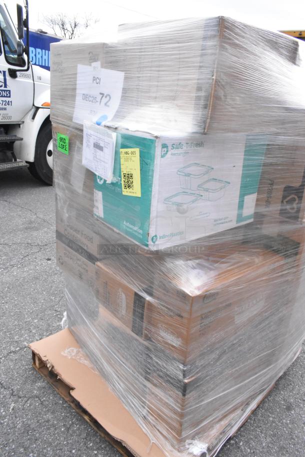 Pallet with 25 brand new, scratch and dent items including gloves, containers, and foam cups, wrapped in plastic. Labels indicate "Safe-T-Fresh" and "Inline Plastics."