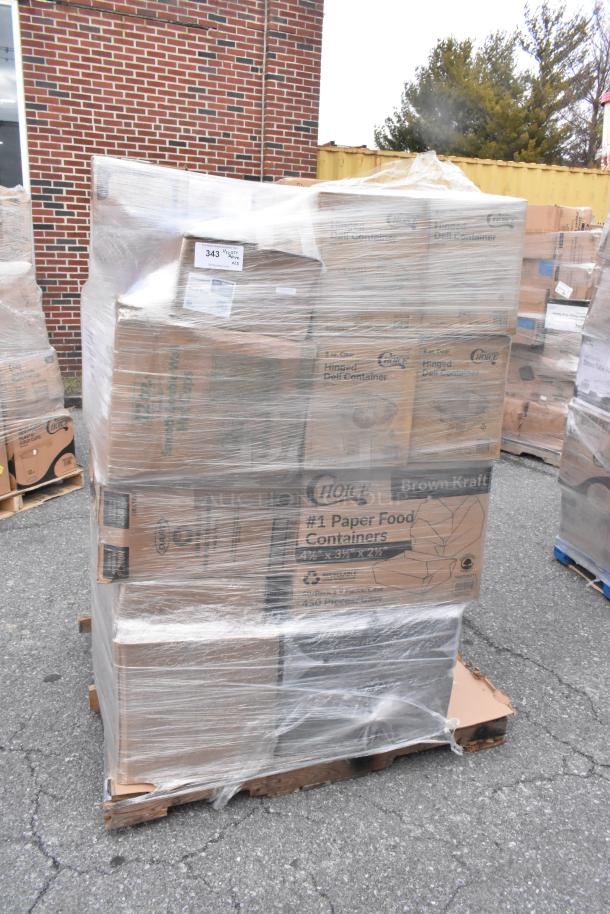 Pallet with boxes of brand new scratch and dent items, including gloves and containers. Wrapped in plastic, labeled "343."