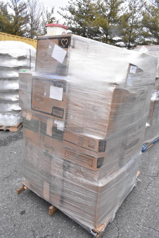 Pallet of 25 brand new scratch-and-dent boxes containing gloves, containers, foam cups, wrapped in plastic for auction.