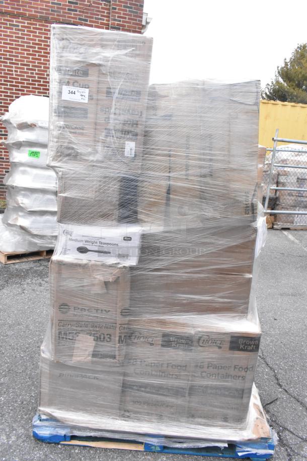 Pallet of 31 new scratch and dent items including Kraft bags, cafeteria trays, and paper bags, shrink-wrapped, various packaging visible.