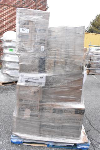 Pallet of 31 new scratch and dent items including Kraft bags, cafeteria trays, and paper bags, shrink-wrapped, various packaging visible.
